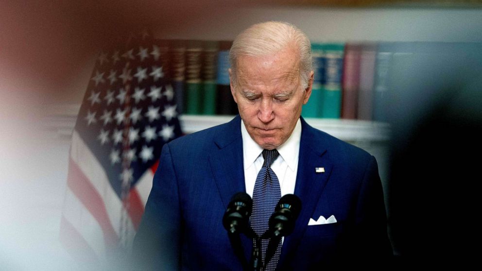 PHOTO: President Joe Biden delivers remarks after a gunman shot dead 18 young children at an elementary school in Texas in the Roosevelt Room of the White House in Washington, May 24, 2022.