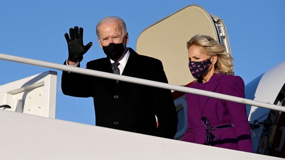 PHOTO: President-elect Joe Biden and incoming First Lady Jill Biden arrive at Joint Base Andrews in Maryland on Jan. 19, 2021.