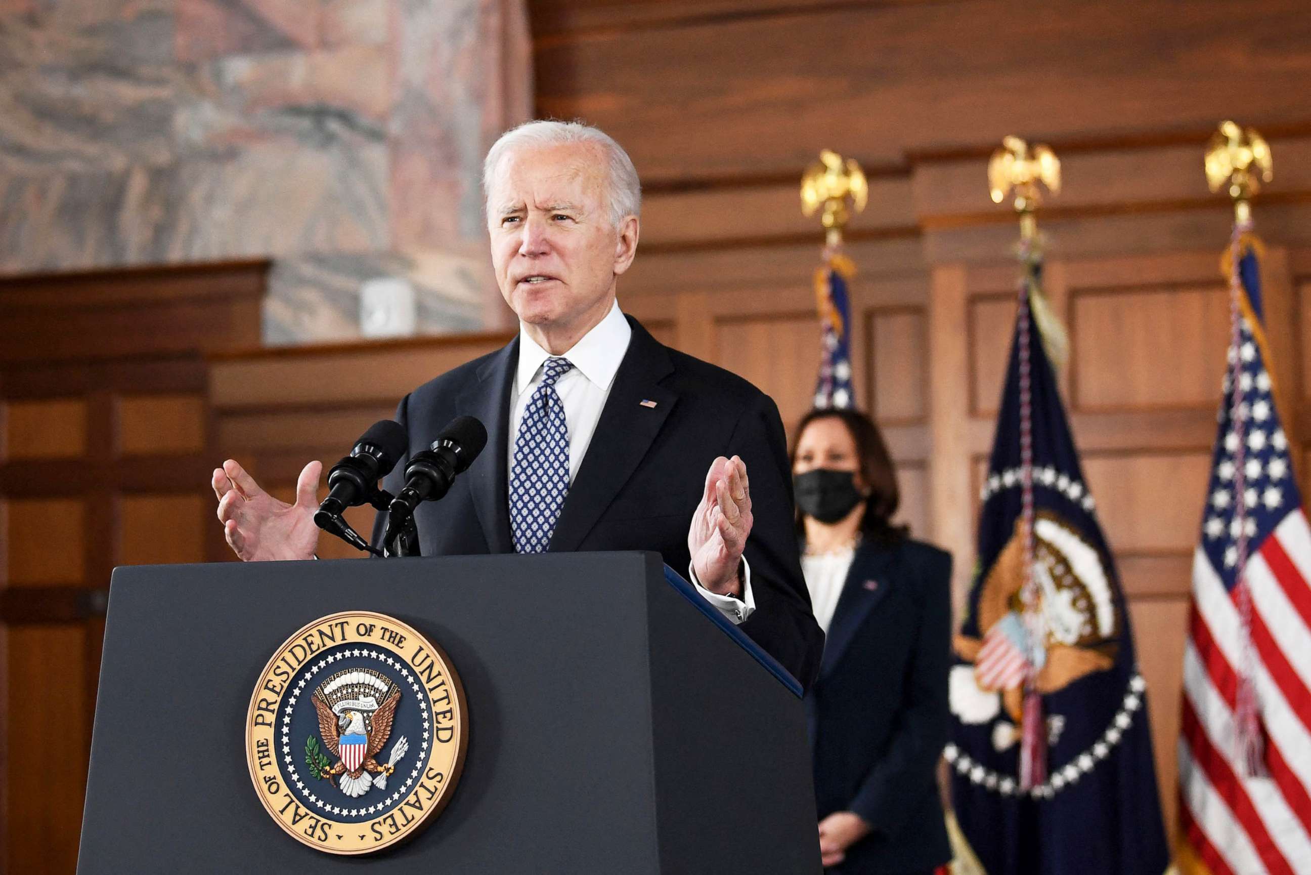 PHOTO: President Joe Biden speaks, flanked by US Vice President Kamala Harris, during a listening session with Georgia Asian American and Pacific Islander community leaders at Emory University in Atlanta, March 19, 2021.