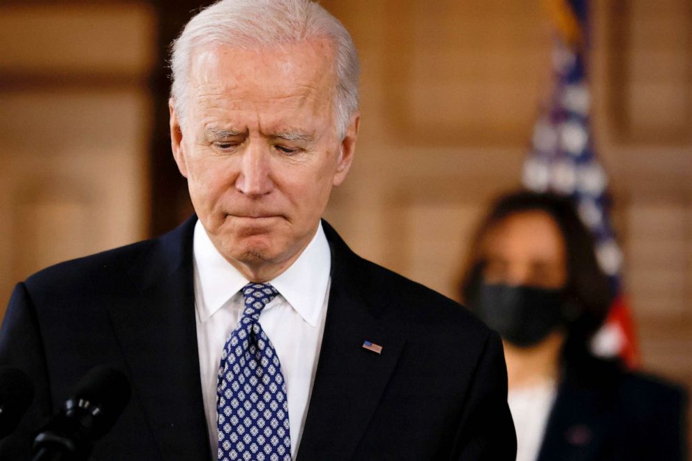 PHOTO: President Joe Biden delivers remarks after a meeting with Asian-American leaders to discuss "the ongoing attacks and threats against the community," during a stop at Emory University in Atlanta, March 19, 2021.