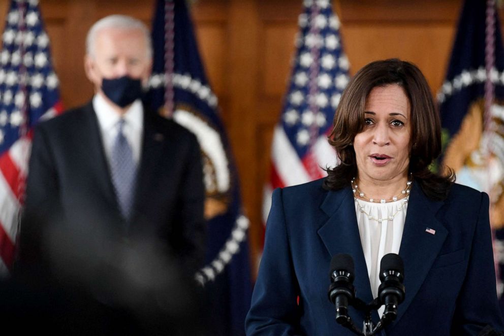 PHOTO:Vice President Kamala Harris speaks as President Joe Biden looks on during a listening session with Georgia Asian American and Pacific Islander community leaders at Emory University in Atlanta, March 19, 2021.