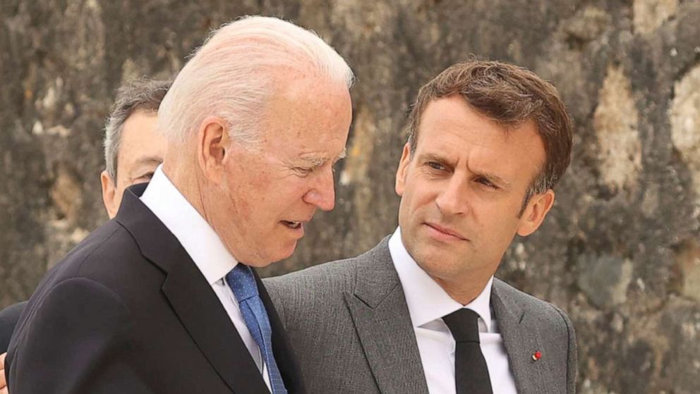 PHOTO: President Joe Biden and France's President Emmanuel Macron attend the G7 Summit in Cornwall, England, June 11, 2021.