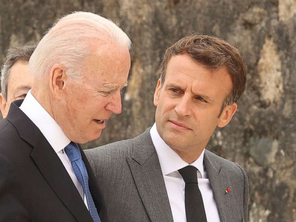 PHOTO: President Joe Biden and France's President Emmanuel Macron attend the G7 Summit in Cornwall, England, June 11, 2021.