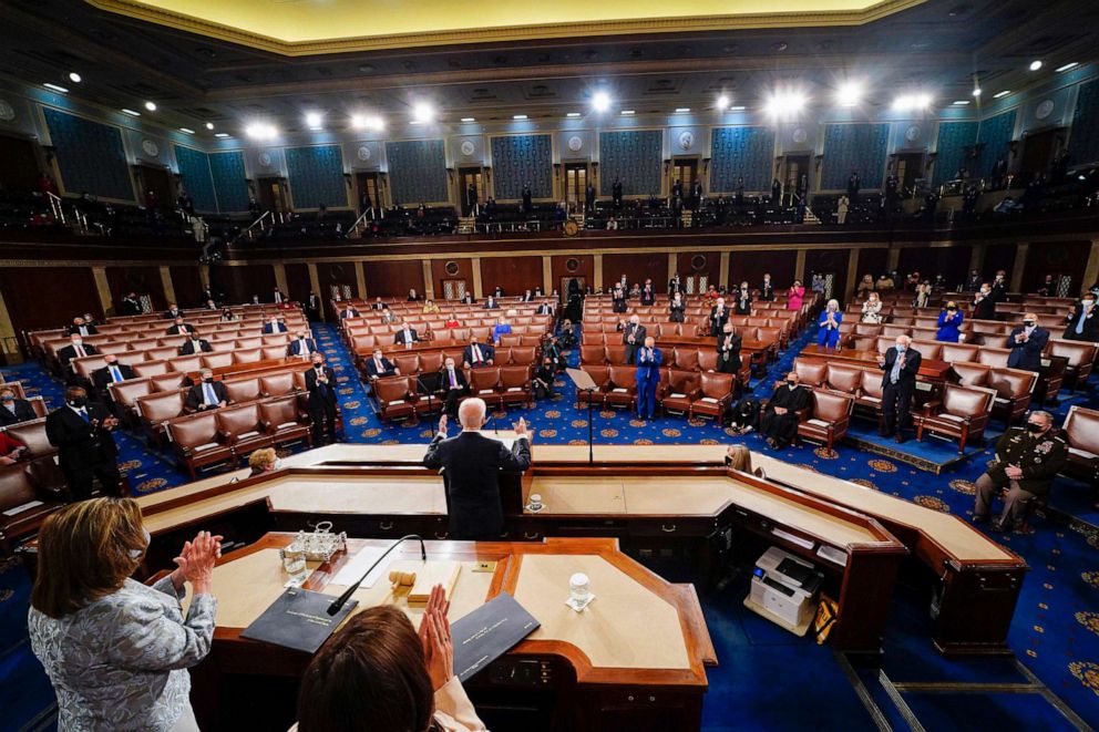 PHOTO: President Joe Biden addresses a joint session of Congress in Washington, April 28, 2021.