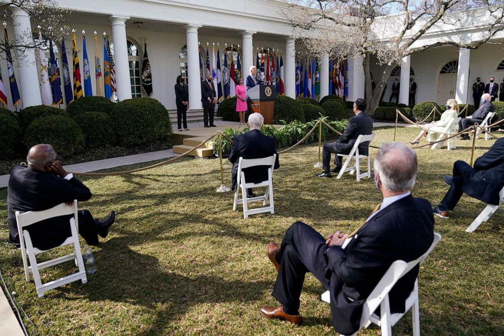 PHOTO: President Joe Biden speaks about the American Rescue Plan, a coronavirus relief package, in the Rose Garden of the White House, March 12, 2021.