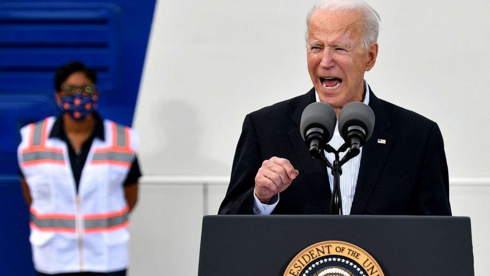 PHOTO: President Joe Biden speaks after visiting a FEMA Covid-19 vaccination facility at NRG Stadium in Houston, Feb. 26, 2021. 