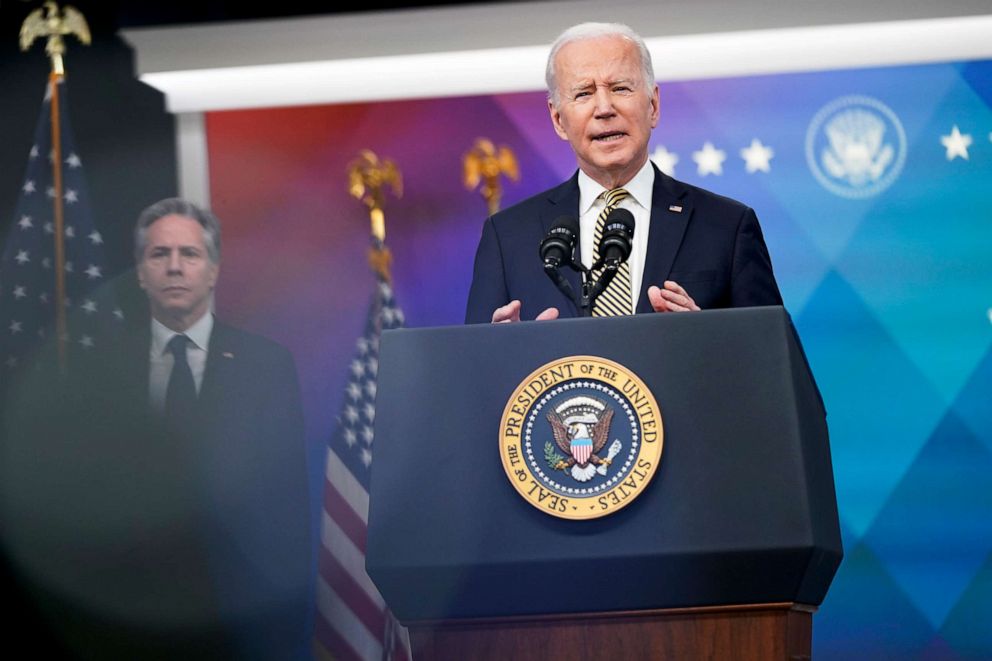 PHOTO: President Joe Biden speaks on the crisis in Ukraine during an event at Eisenhower Executive Office Building near the White House, at rear is Secretary of State Antony Blinken, in Washington, March 16, 2022.