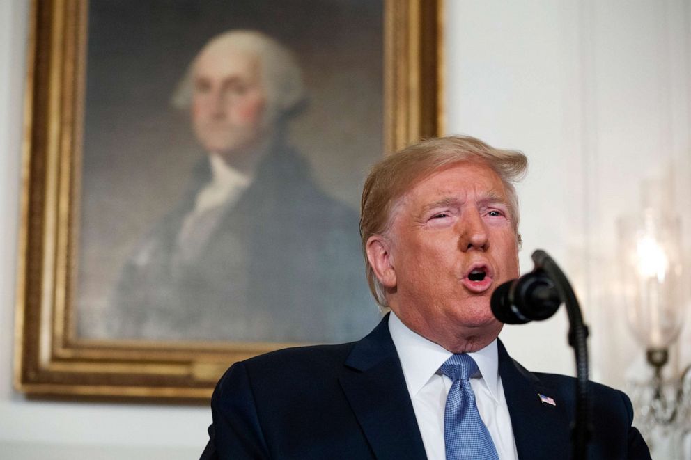 PHOTO: President Donald Trump speaks about the mass shootings in El Paso, Texas and Dayton, Ohio, in the Diplomatic Reception Room of the White House, Aug. 5, 2019, in Washington.
