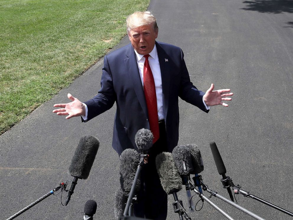 PHOTO: President Donald Trump speaks to the media before departing from the White House, Aug. 21, 2019, in Washington, DC.