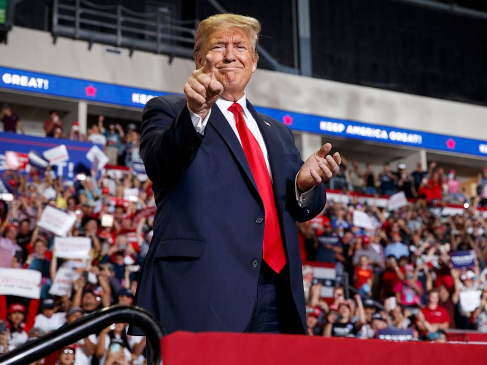 PHOTO: President Donald Trump arrives to speak at a campaign rally at the Santa Ana Star Center in Rio Rancho, N.M.