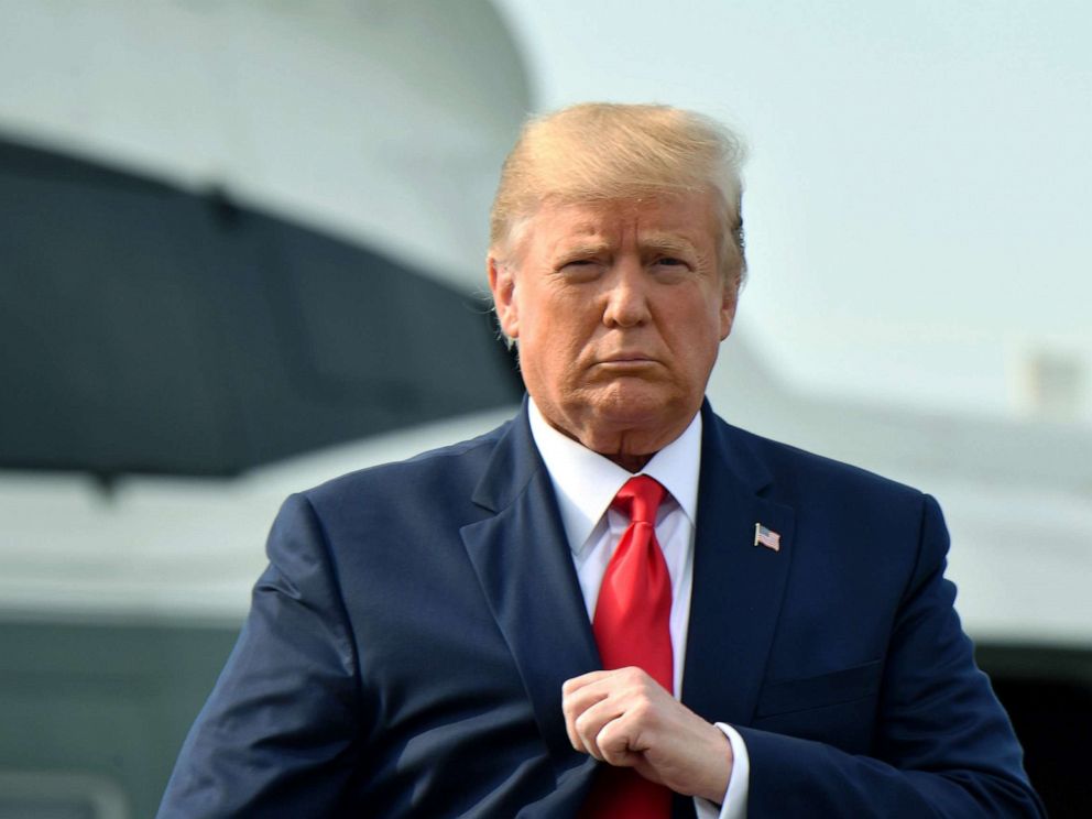 PHOTO: President Donald Trump steps off Marine One upon arrival to Manchester, New Hampshire, to hold a Keep America Great campaign rally, Aug. 15, 2019.