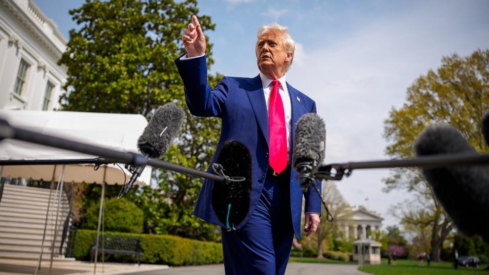 PHOTO: President Donald Trump speaks to members of the media before boarding Marine One on the South Lawn of the White House on April 3, 2025 in Washington, DC.