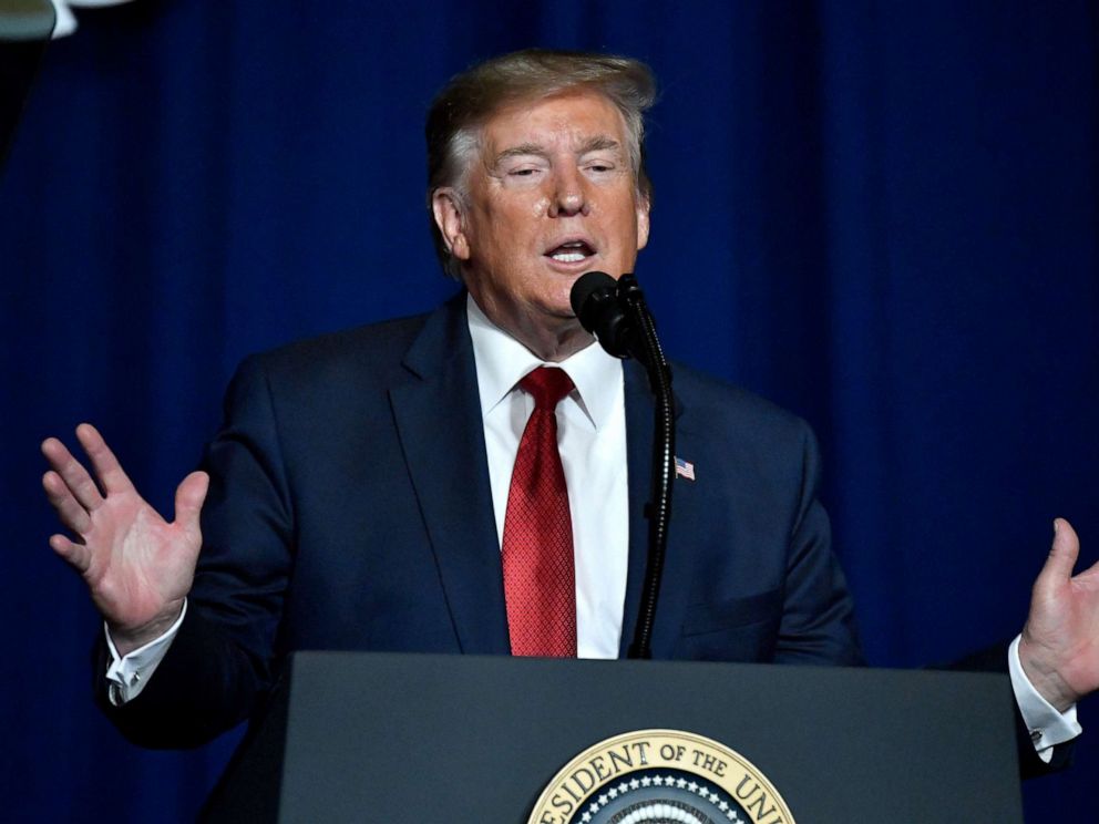 PHOTO: President Donald Trump speaks to the 75th annual AMVETS National Convention in Louisville, Ky., Aug.21, 2019.