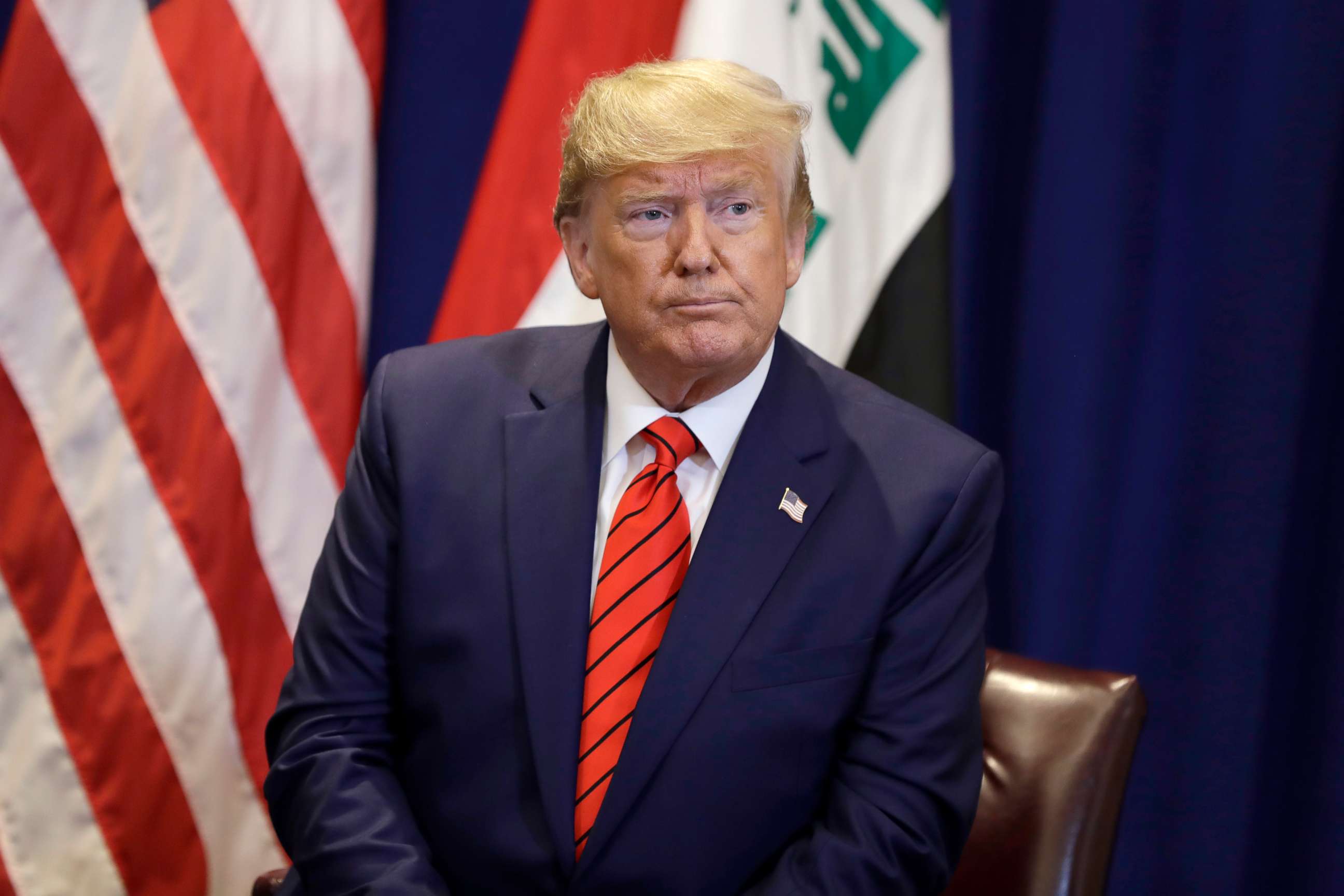 PHOTO: President Donald Trump speaks during a meeting with Iraqi President Barham Salih at the Lotte New York Palace hotel during the United Nations General Assembly, Sept. 24, 2019, in New York.