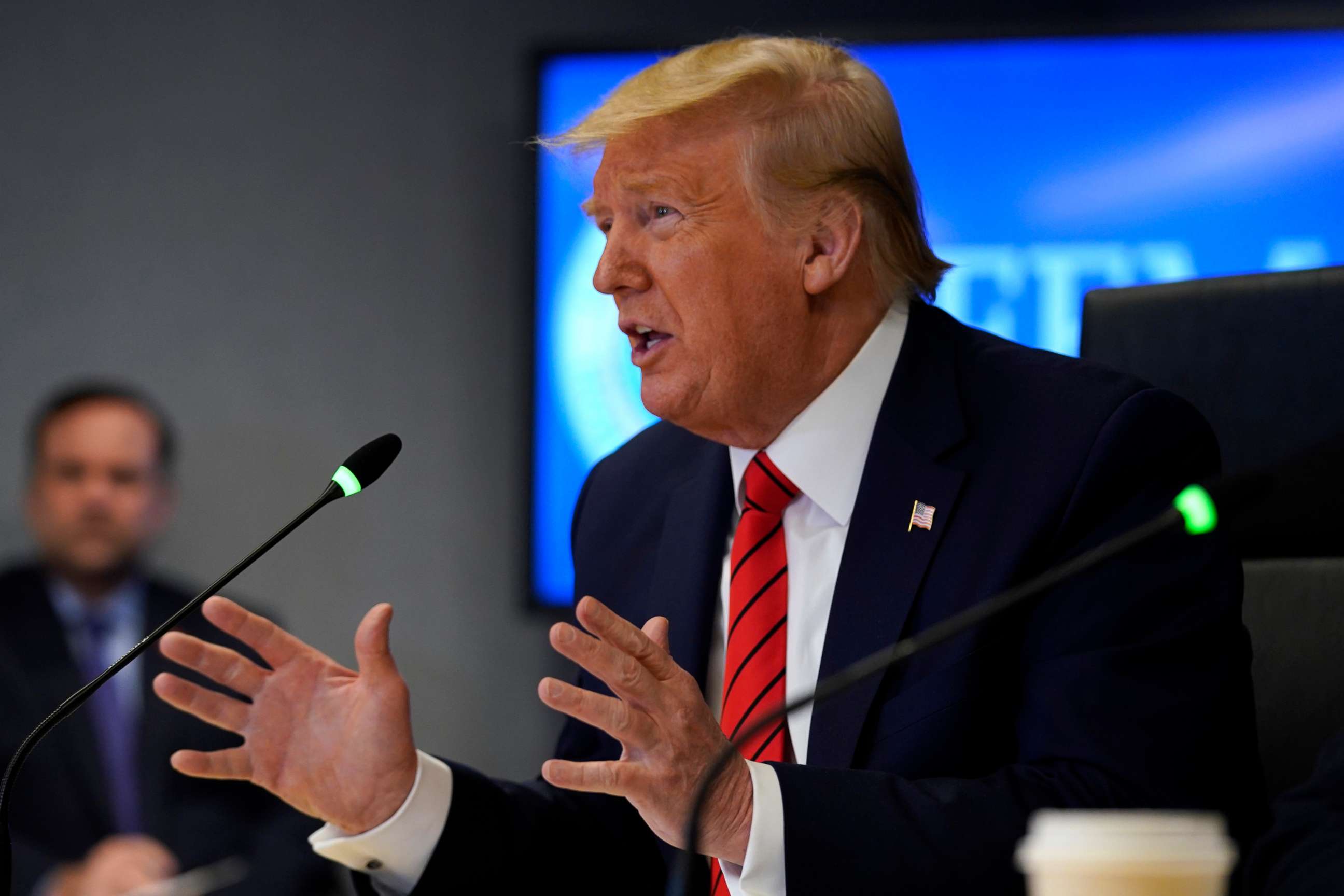 PHOTO: President Donald Trump speaks during a teleconference with governors at the Federal Emergency Management Agency headquarters, March 19, 2020, in Washington.