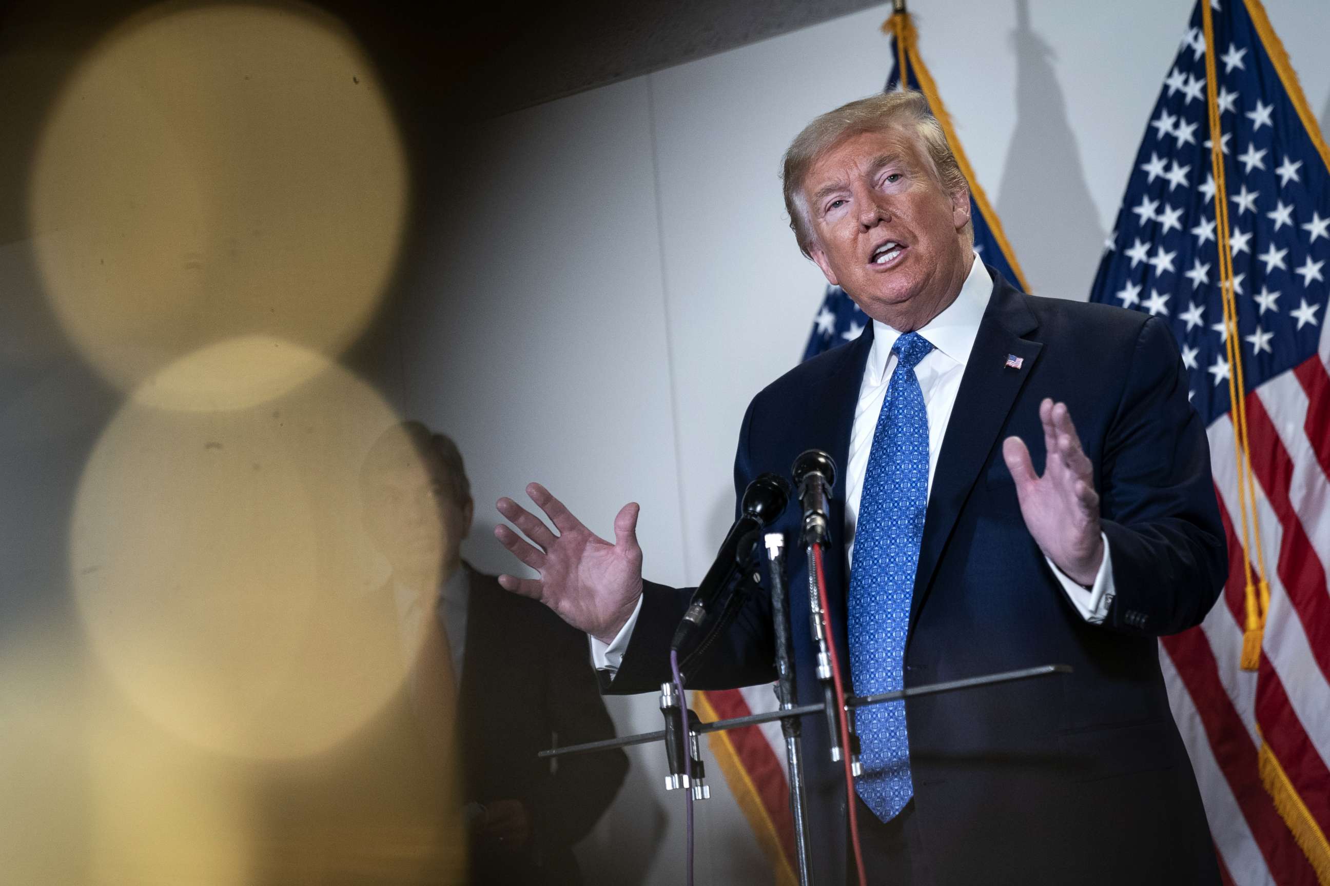 PHOTO: President Trump speaks to the press after meeting with Republican senators on Capitol Hill, May 19, 2020, in Washington, DC.