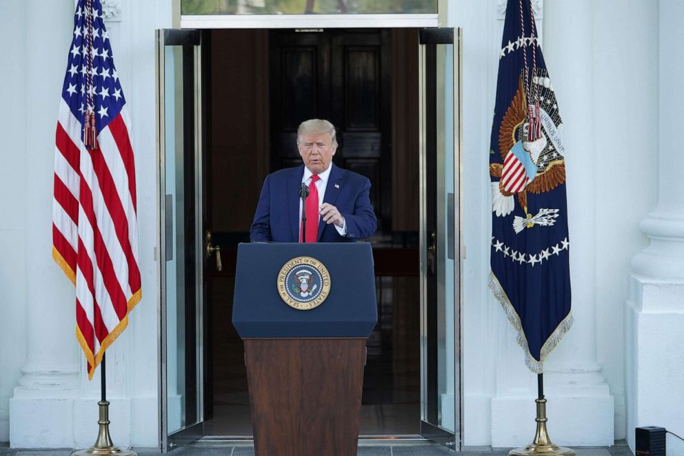 PHOTO: President Donald Trump speaks during a labor day press conference at the North Portico of the White House in Washington, DC, Sept. 7, 2020.