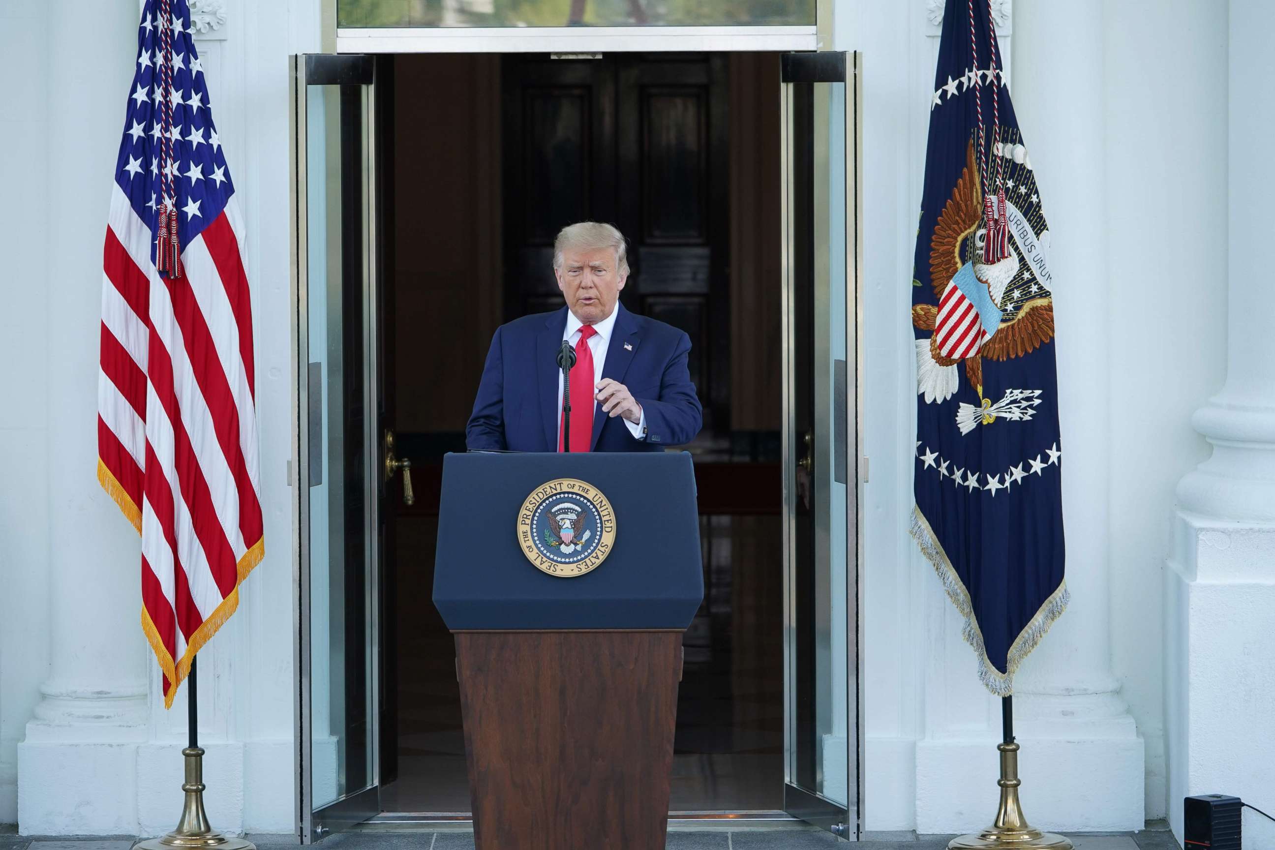 PHOTO: President Donald Trump speaks during a labor day press conference at the North Portico of the White House in Washington, DC, Sept. 7, 2020.