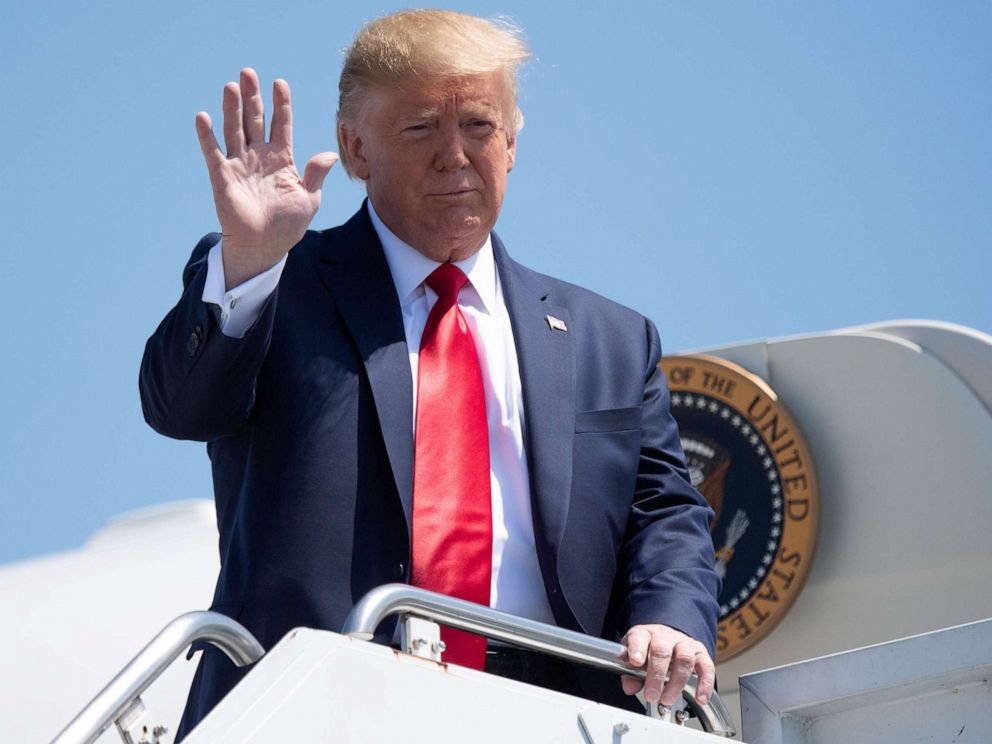 PHOTO: President Donald Trump disembarks from Air Force One upon arrival at Francis S. Gabreski Airport in Westhampton Beach, New York, Aug. 9, 2019, as he arrives for campaign fundraisers.