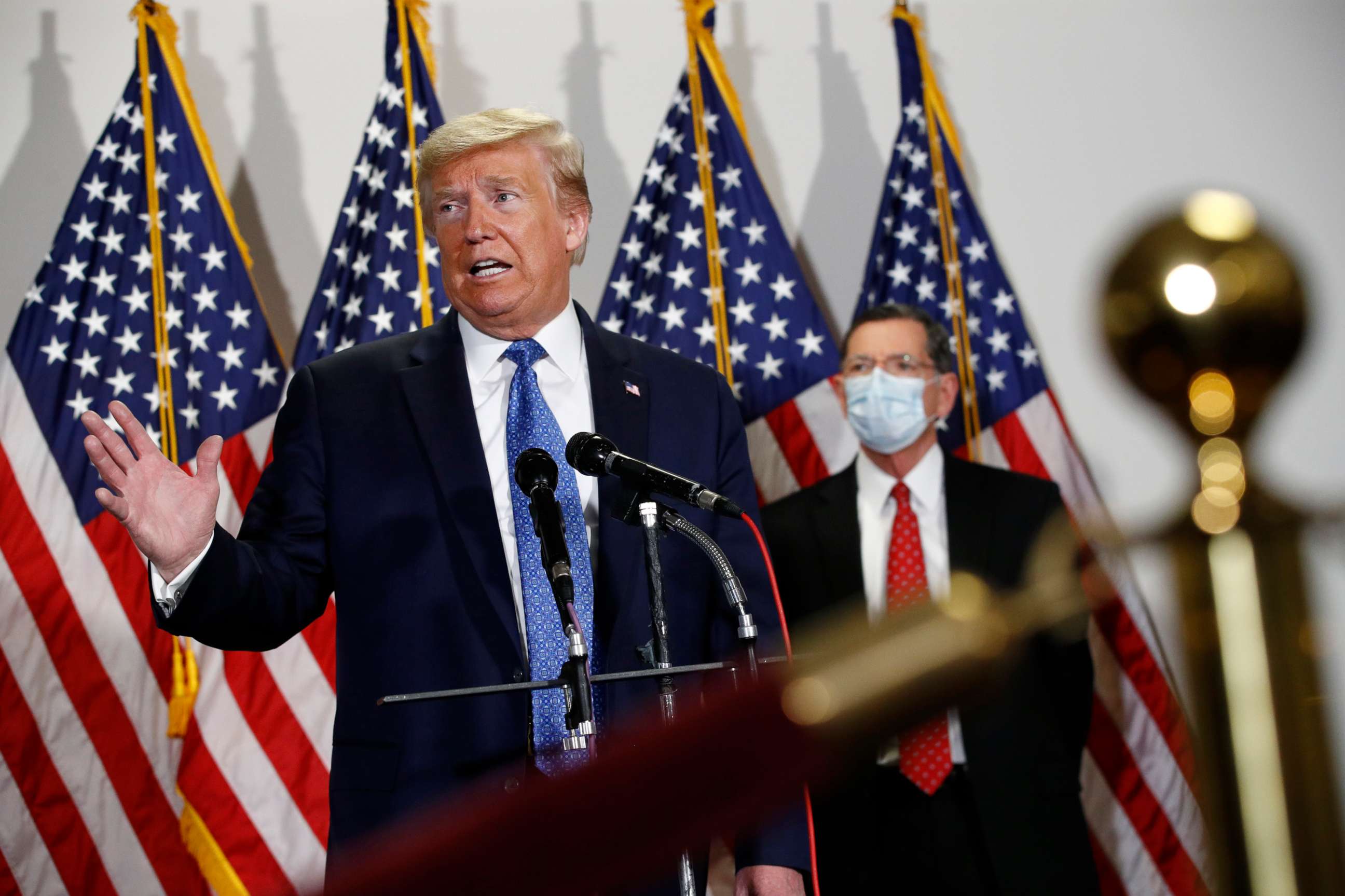 PHOTO: President Donald Trump speaks with reporters after meeting with Senate Republicans at their weekly luncheon on Capitol Hill in Washington, May 19, 2020.