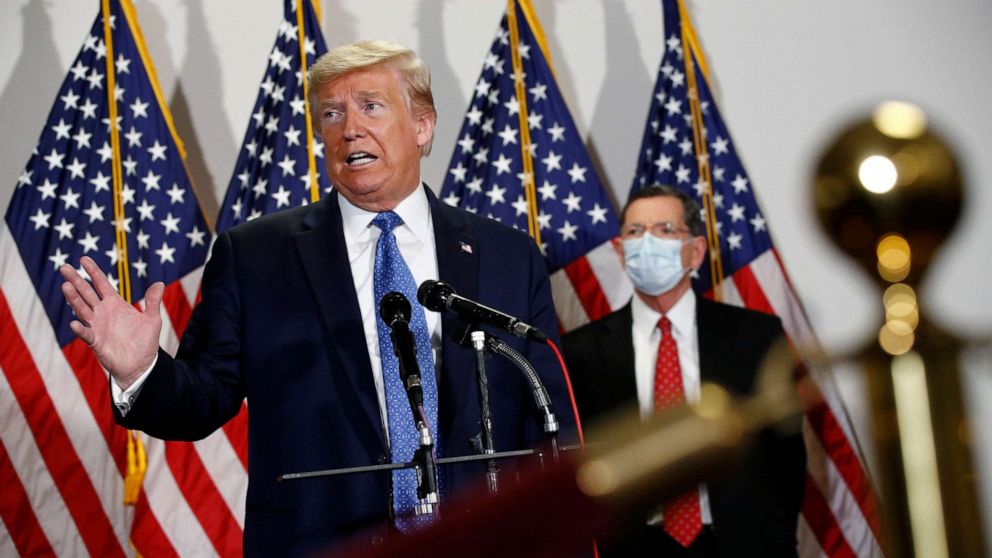 PHOTO: President Donald Trump speaks with reporters after meeting with Senate Republicans at their weekly luncheon on Capitol Hill in Washington, May 19, 2020.