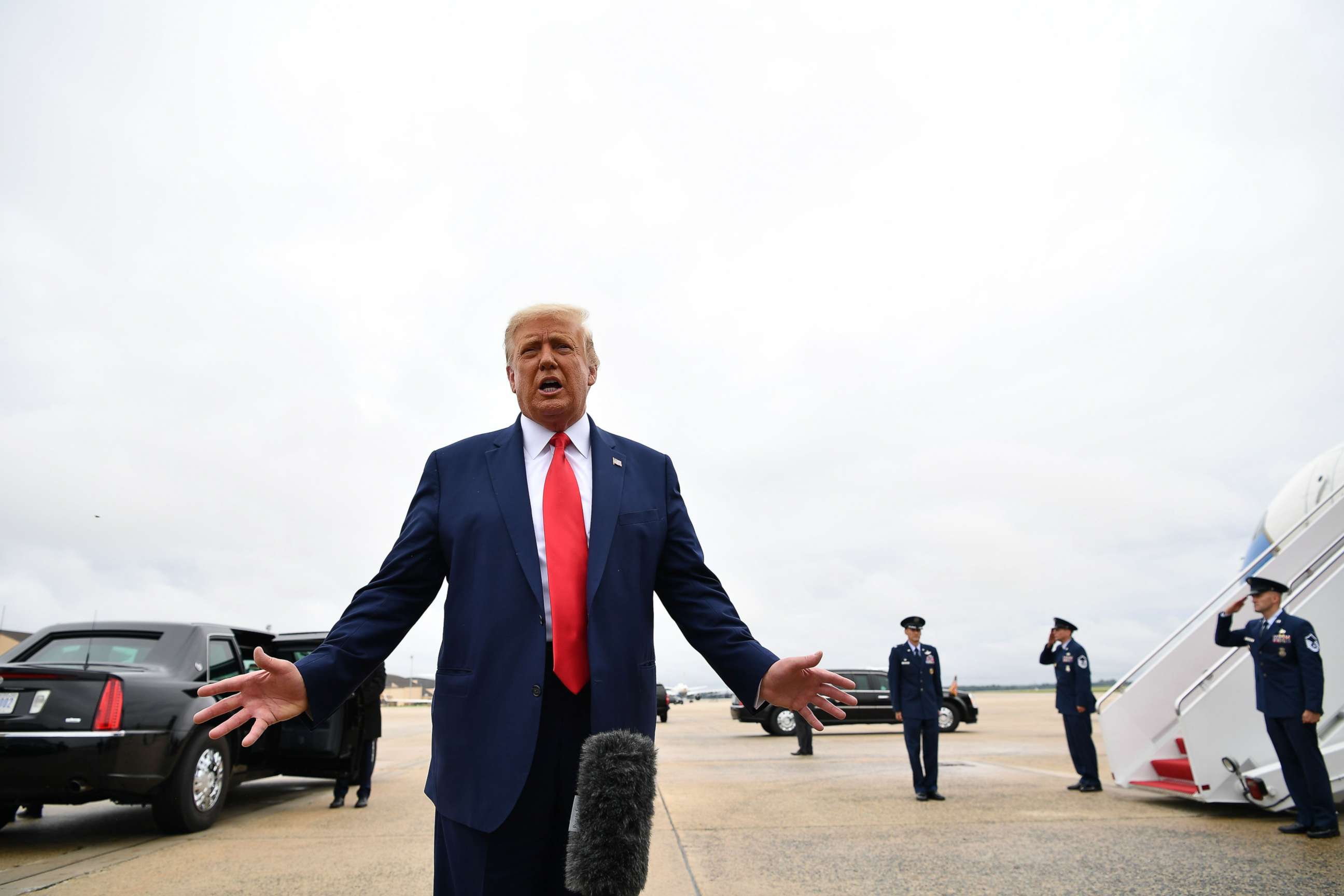 PHOTO: President Donald Trump speaks as he departs Washington on travel to Illinois and Wisconsin at Joint Base Andrews, Maryland, Sept. 1, 2020.