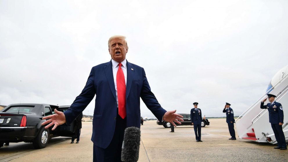 PHOTO: President Donald Trump speaks as he departs Washington on travel to Illinois and Wisconsin at Joint Base Andrews, Maryland, Sept. 1, 2020.
