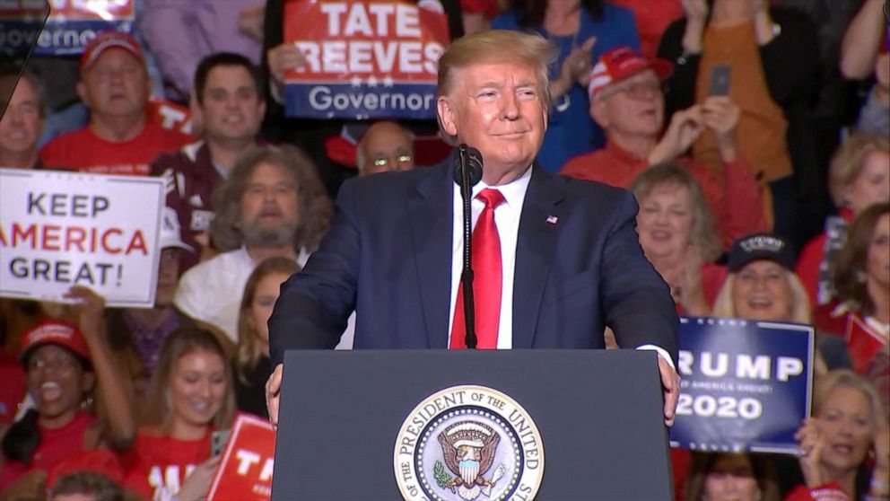 PHOTO: President Trump speaks at a rally, Nov. 1, 2019, in Tupelo, Mississippi.
