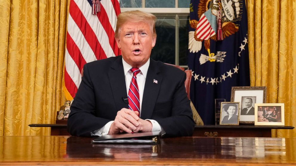  President Donald Trump speaks from the Oval Office of the White House as he gives a prime-time address about border security, Jan. 8, 2018, in Washington.
     
