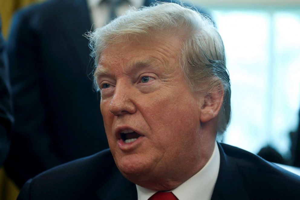 PHOTO: President Donald Trump speaks while welcoming the Stanley Cup champion Capitals in the Oval Office at the White House in Washington, March 25, 2019.