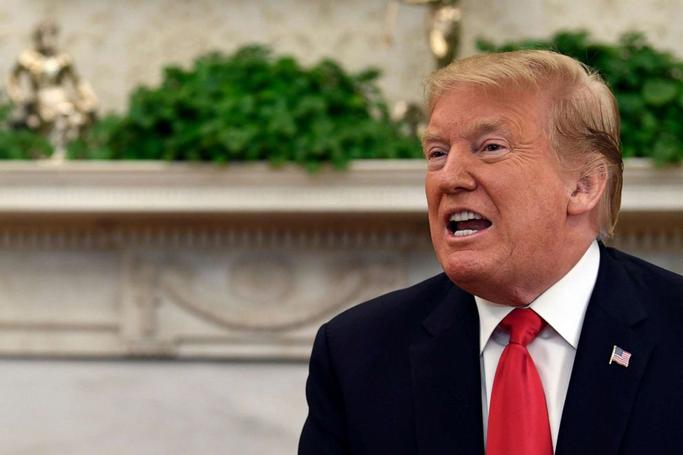 PHOTO: President Donald Trump speaks in the Oval Office during a meeting with Israeli Prime Minister Benjamin Netanyahu at the White House in Washington, March 25, 2019.