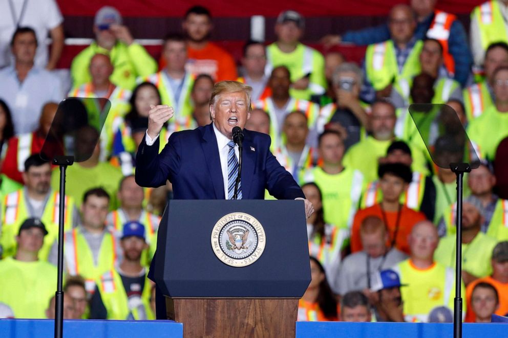 PHOTO: President Donald Trump speaks before taking a tour of the Pennsylvania Shell ethylene cracker plant, Aug. 13, 2019, in Monaca, Pa.