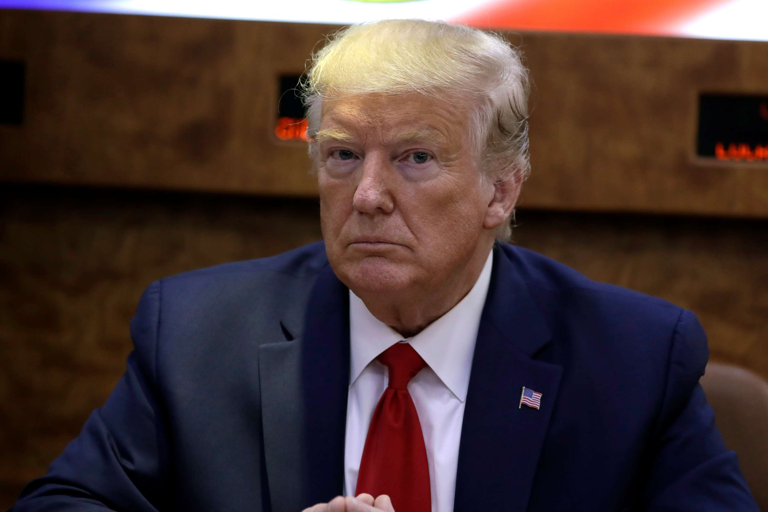 PHOTO: President Donald Trump participates in a briefing about Hurricane Dorian at Marine Corps Air Station Cherry Point, Monday, Sept. 9, 2019, in Havelock, N.C., aboard Air Force One. (AP Photo/Evan Vucci)