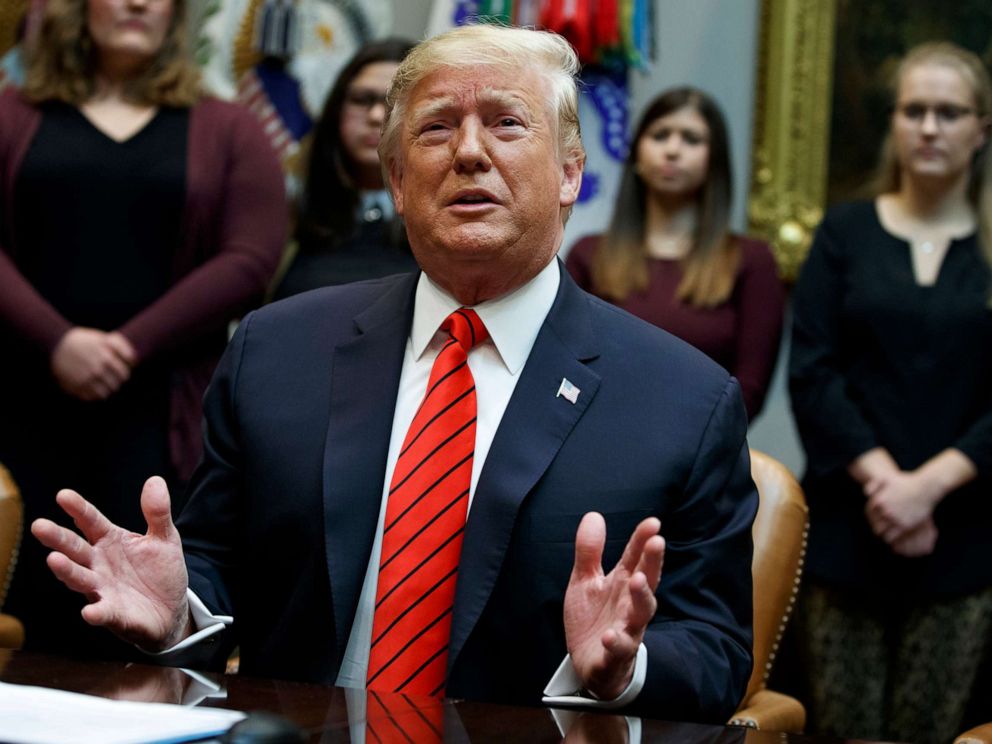 PHOTO: President Donald Trump speaks during an event where he congratulated astronauts Jessica Meir and Christina Koch as they conduct the first all-female spacewalk, from the Roosevelt Room of the White House, Oct. 18, 2019, in Washington.