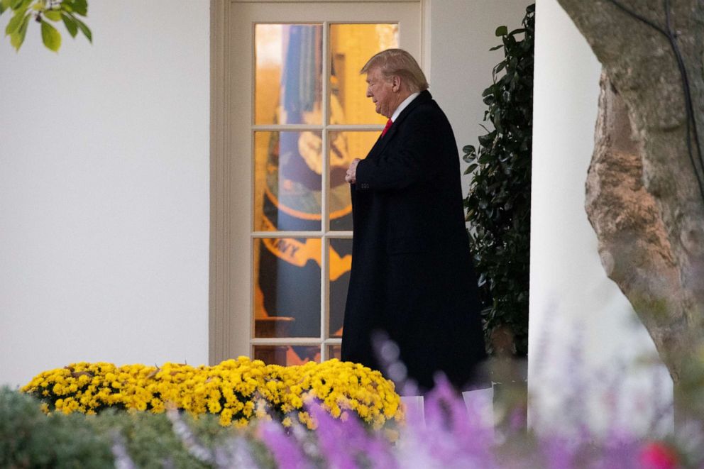 PHOTO: President Donald Trump walks from the Oval Office as he leaves the White House in Washington for a trip to Monroe, La., for a campaign rally, Nov. 6, 2019.