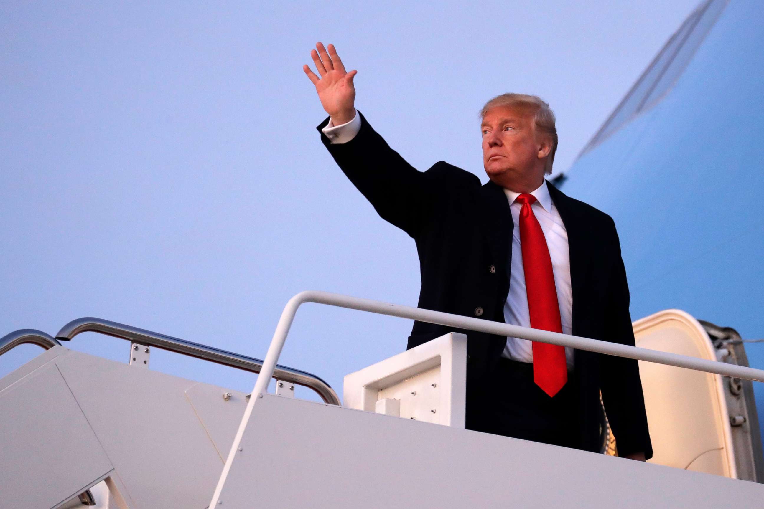 PHOTO: President Donald Trump boards Air Force One for a campaign rally in Bossier City, La., Nov. 14, 2019, at Andrews Air Force Base, Md.