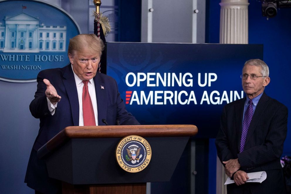 PHOTO: President Donald Trump speaks about the coronavirus, accompanied by Dr. Anthony Fauci, director of the National Institute of Allergy and Infectious Diseases, in the James Brady Press Briefing Room of the White House, April 16, 2020, in Washington.