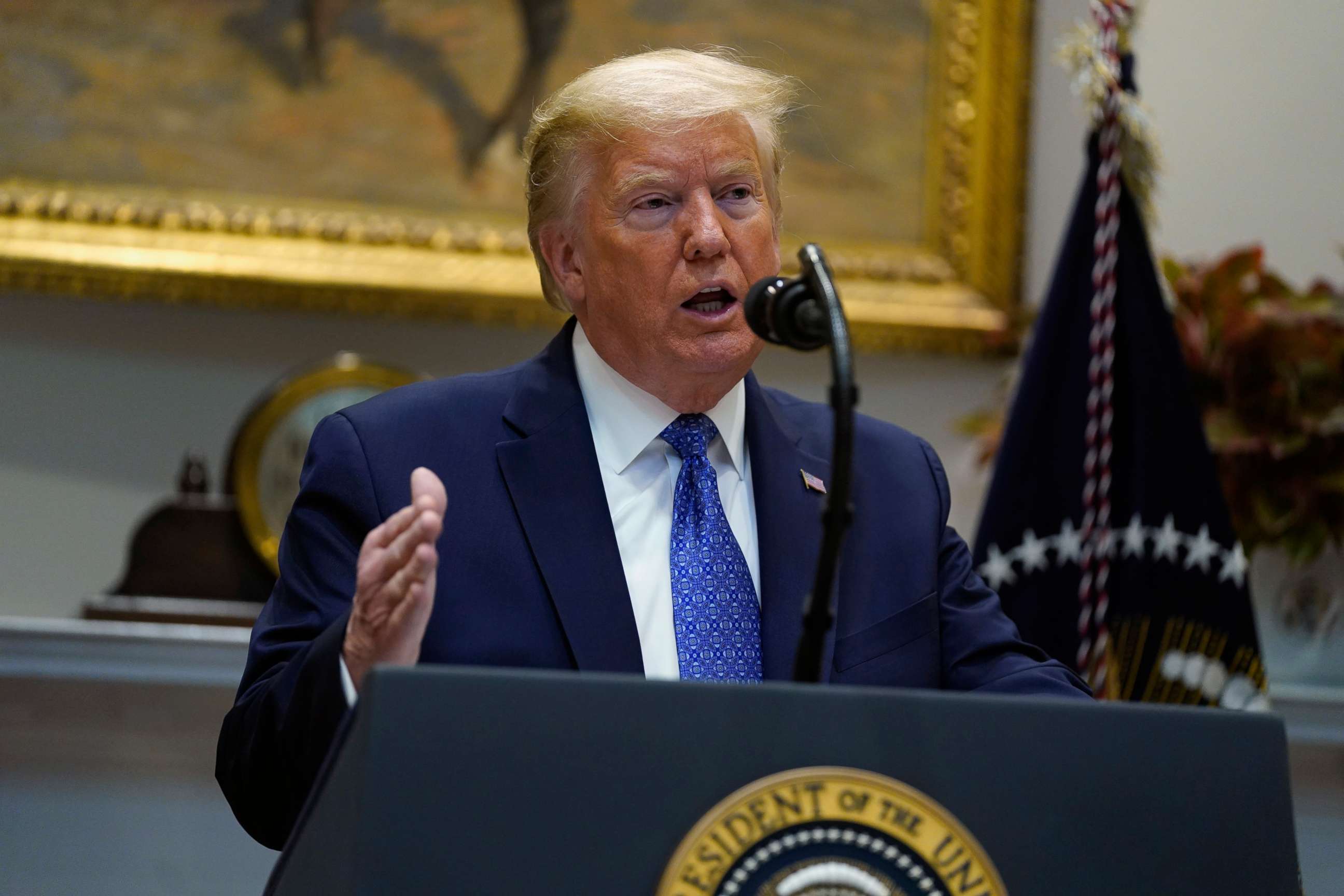 PHOTO: President Donald Trump speaks during an event on the food supply chain during the coronavirus pandemic, in the Roosevelt Room of the White House, May 19, 2020, in Washington.