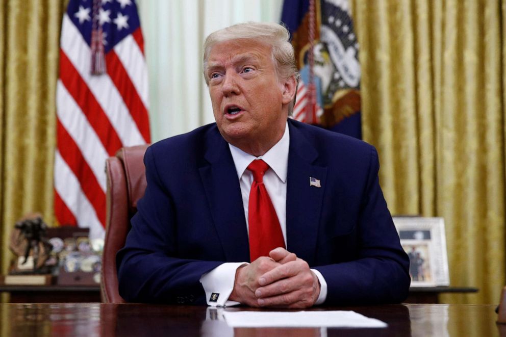 PHOTO: President Donald Trump speaks during a law enforcement briefing on the MS-13 gang in the Oval Office of the White House, July 15, 2020, in Washington.