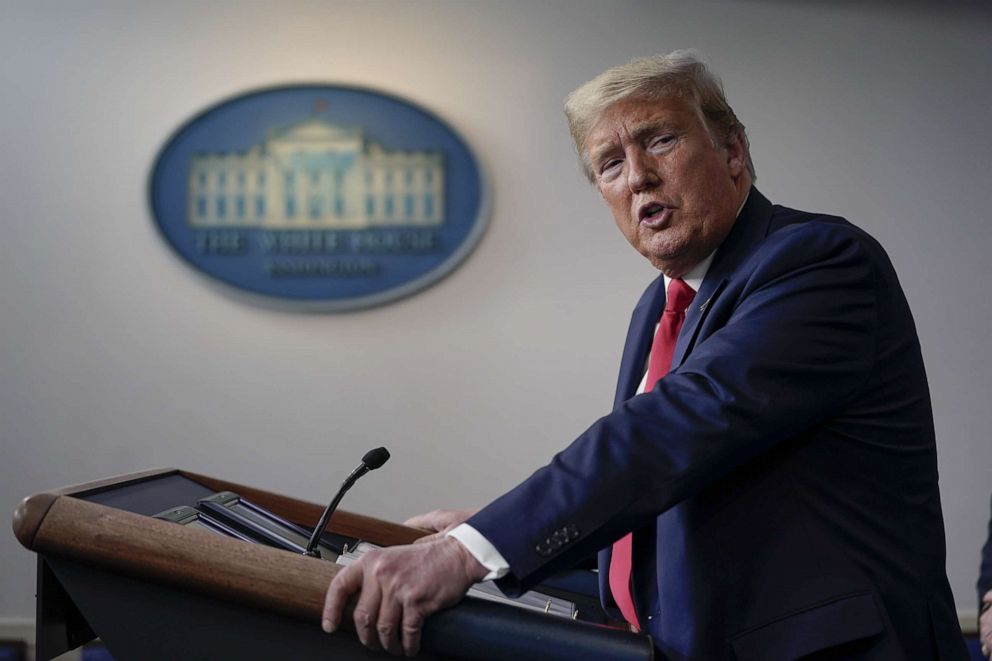 PHOTO: President Donald Trump speaks during a briefing on the coronavirus pandemic, in the press briefing room of the White House, March 24, 2020, in Washington, DC.