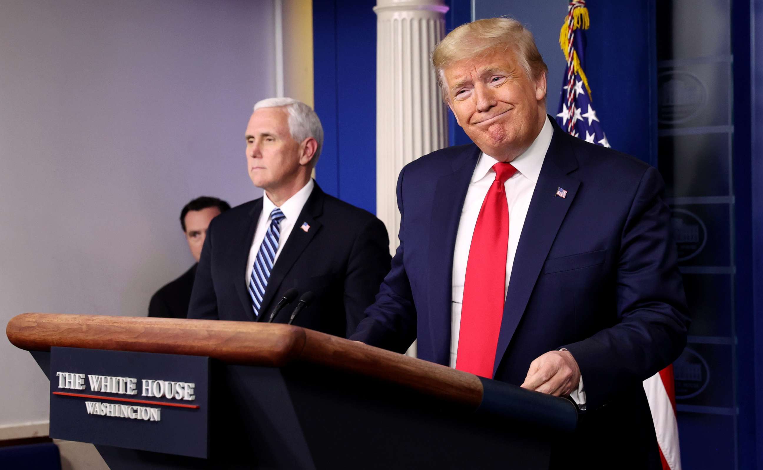 PHOTO: President Donald Trump arrives with Vice President Mike Pence to lead the daily coronavirus task force briefing at the White House in Washington, April 9, 2020.