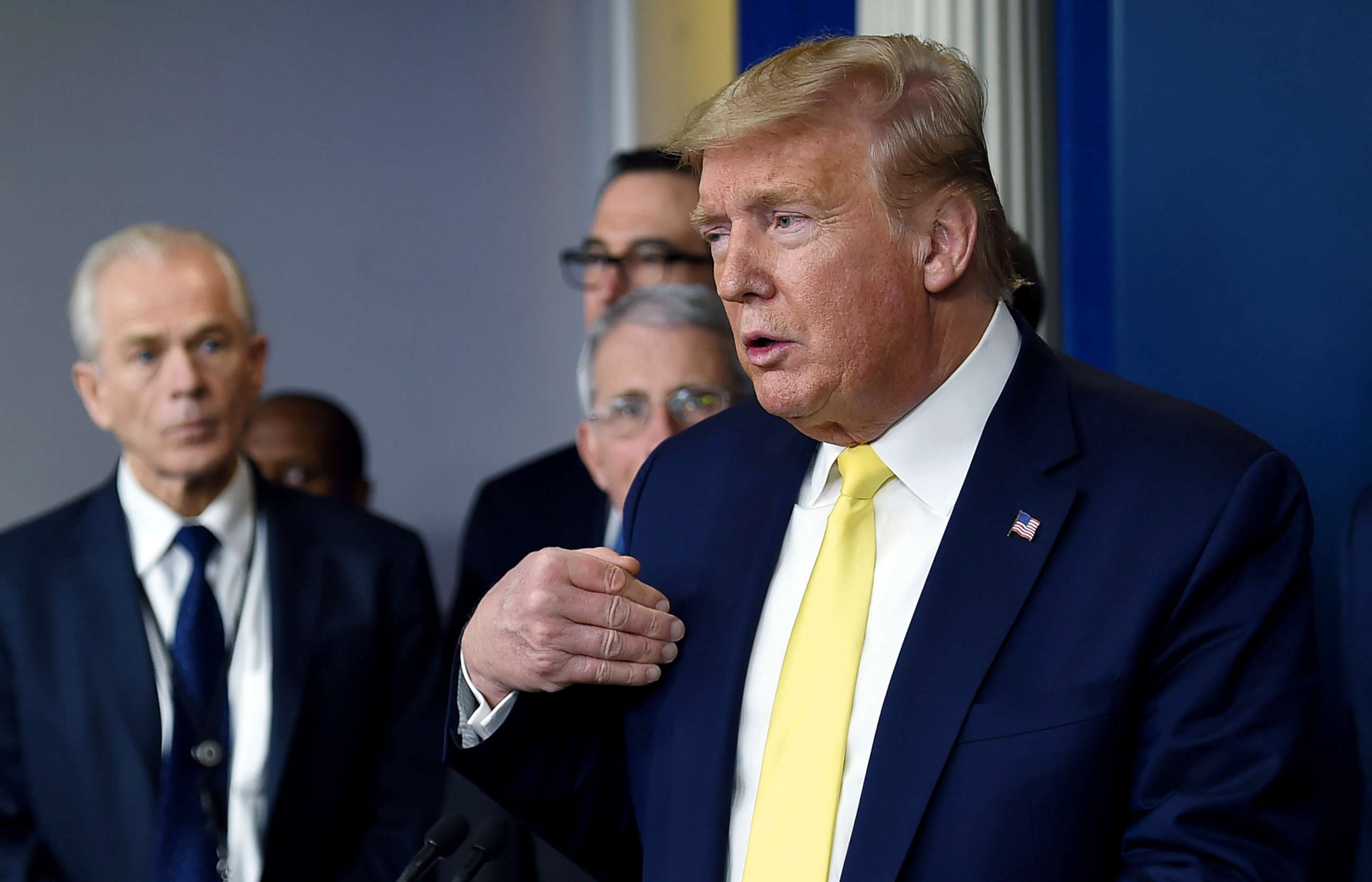 PHOTO: President Donald Trump speaks about the coronavirus alongside members of the Coronavirus Task Force in the Brady Press Briefing Room at the White House in Washington, March 9, 2020.