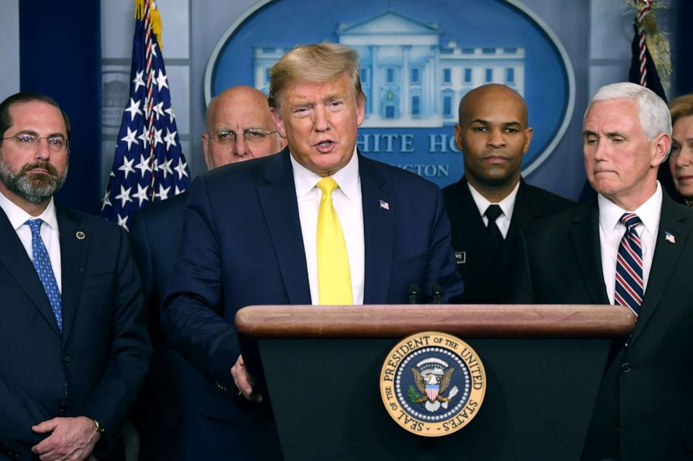 PHOTO: President Donald Trump speaks about the COVID-19 (coronavirus) alongside Vice President Mike Pence and members of the Coronavirus Task Force in Washington, March 9, 2020.