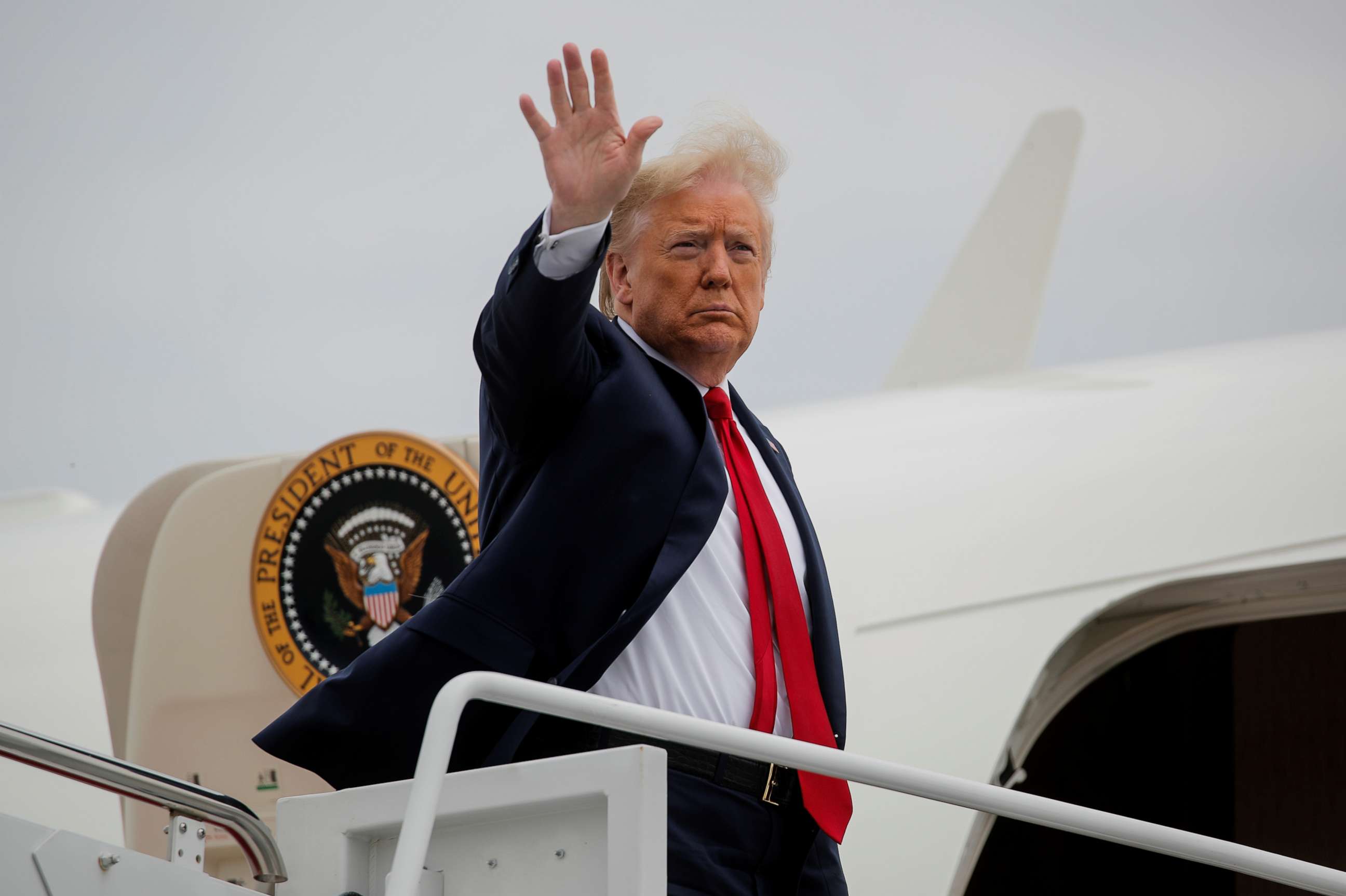 PHOTO: President Donald Trump boards Air Force One as he departs Washington on travel to Allentown, Penn., at Joint Base Andrews, Maryland, May 14, 2020.