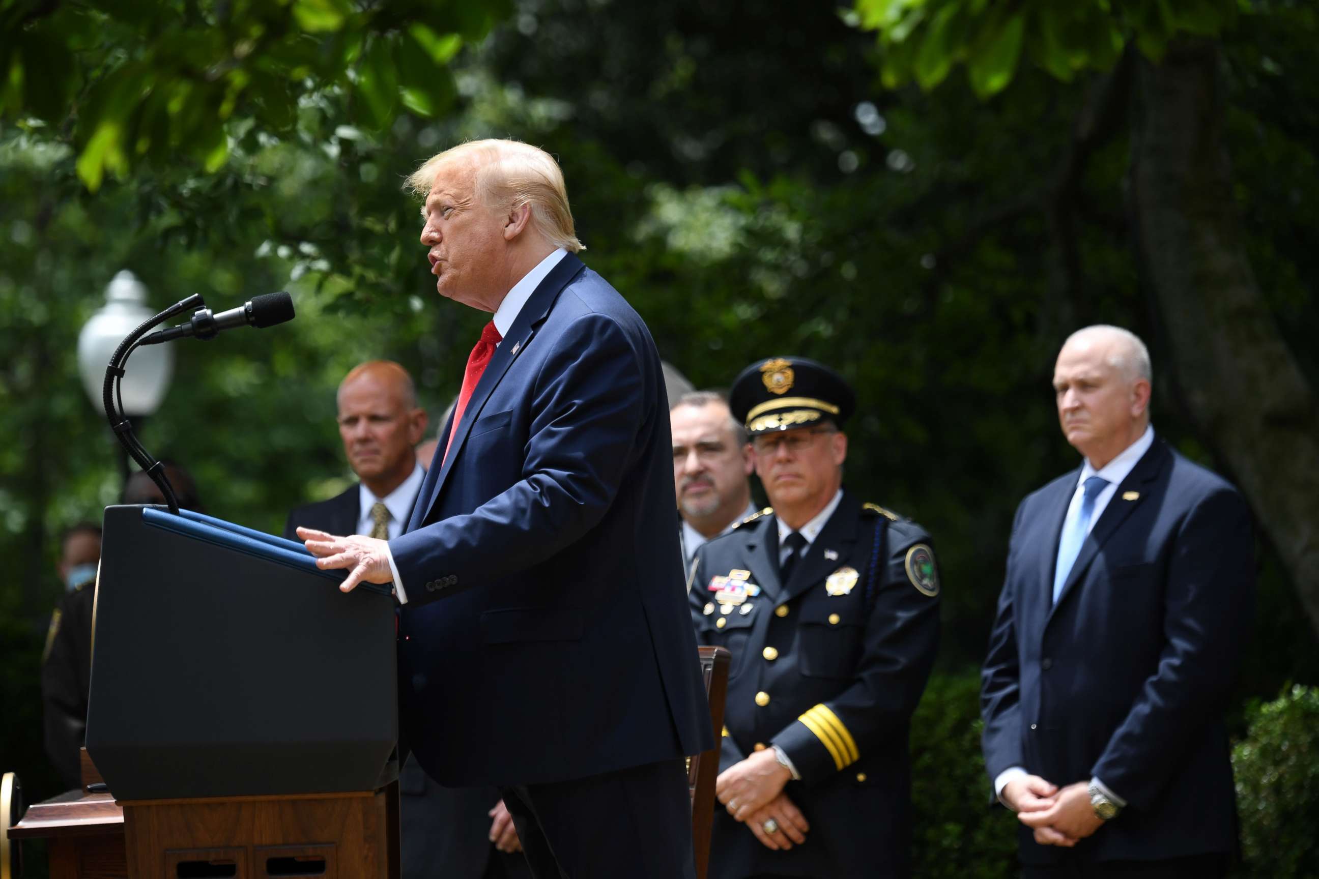 PHOTO: President Donald Trump speaks at the event where he will sign an executive order on police reform, in the Rose Garden of the White House, June 16, 2020.