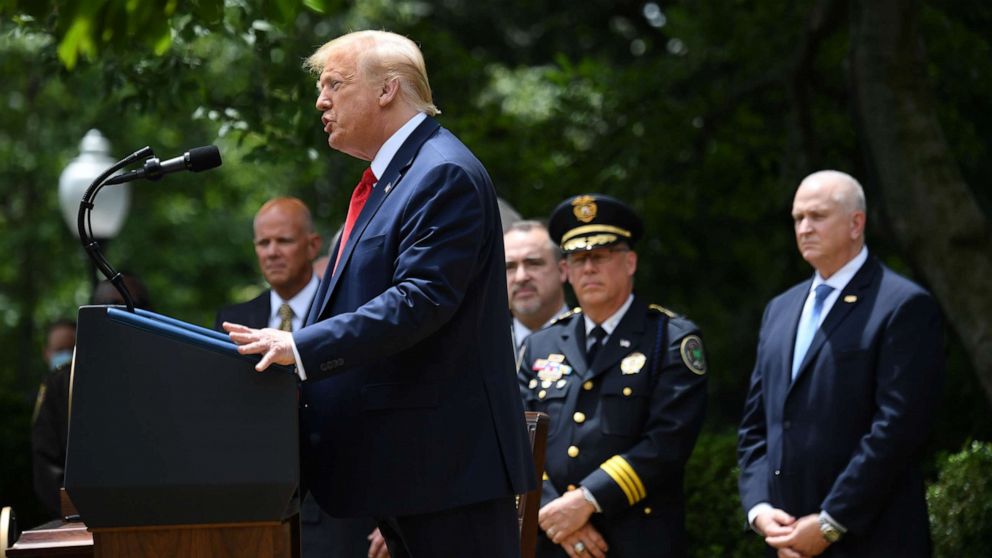 PHOTO: President Donald Trump speaks at the event where he will sign an executive order on police reform, in the Rose Garden of the White House, June 16, 2020.