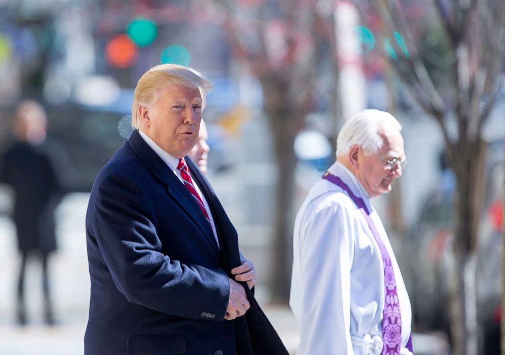 PHOTO: President Donald J. Trump is escorted by Reverend W. Bruce McPherson after attending services at St. John's Episcopal Church in Washington, DC, March 17, 2019.