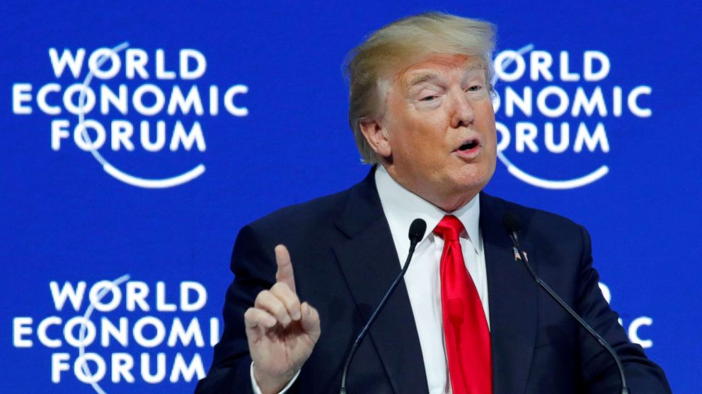 PHOTO: President Donald Trump gestures as he speaks during the World Economic Forum (WEF) annual meeting in Davos, Switzerland, Jan/ 26, 2018.