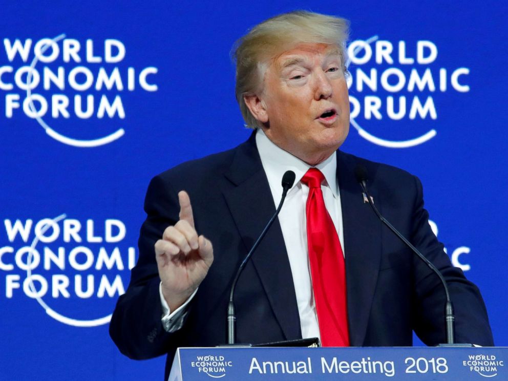PHOTO: President Donald Trump gestures as he speaks during the World Economic Forum (WEF) annual meeting in Davos, Switzerland, Jan/ 26, 2018.