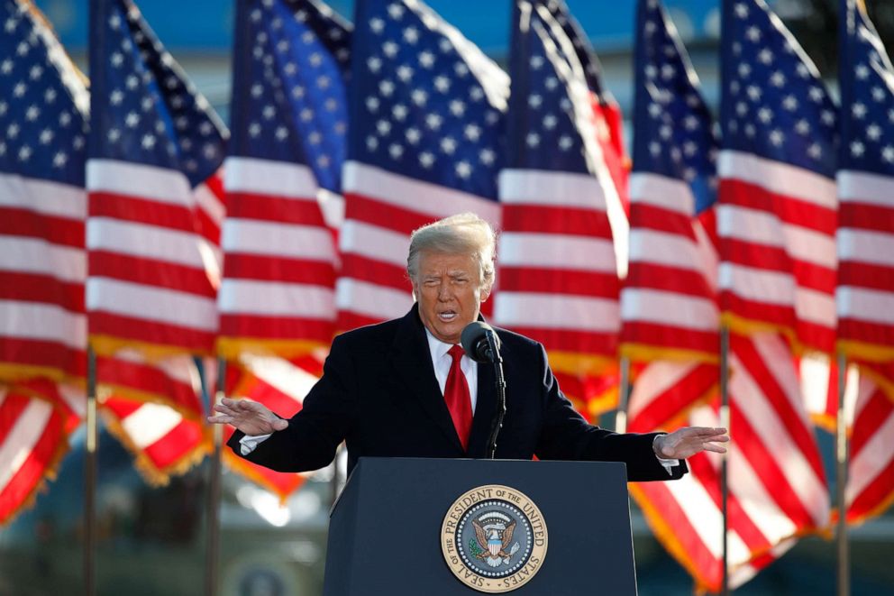 PHOTO: President Donald Trump speaks to crowd before boarding Air Force One at Andrews Air Force Base, Md., Jan. 20, 2021.